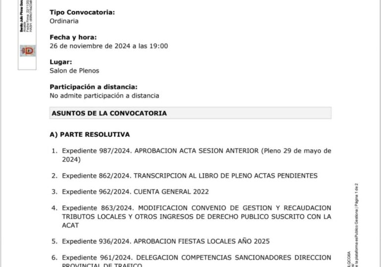Convocado Pleno para el 26 de noviembre