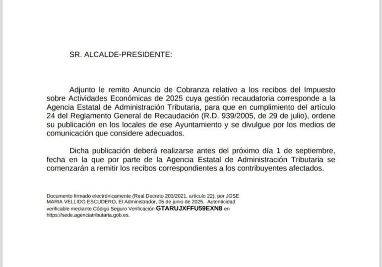 Anuncio de cobranza relativo a los recibos del IAE 2025