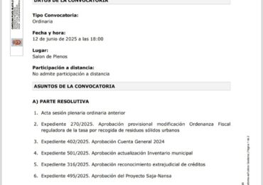 Orden del día del Pleno del jueves 12 de junio