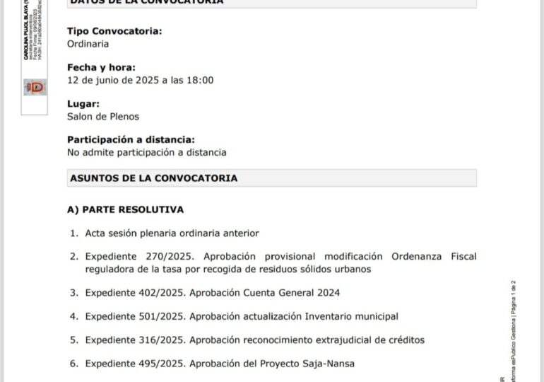 Orden del día del Pleno del jueves 12 de junio