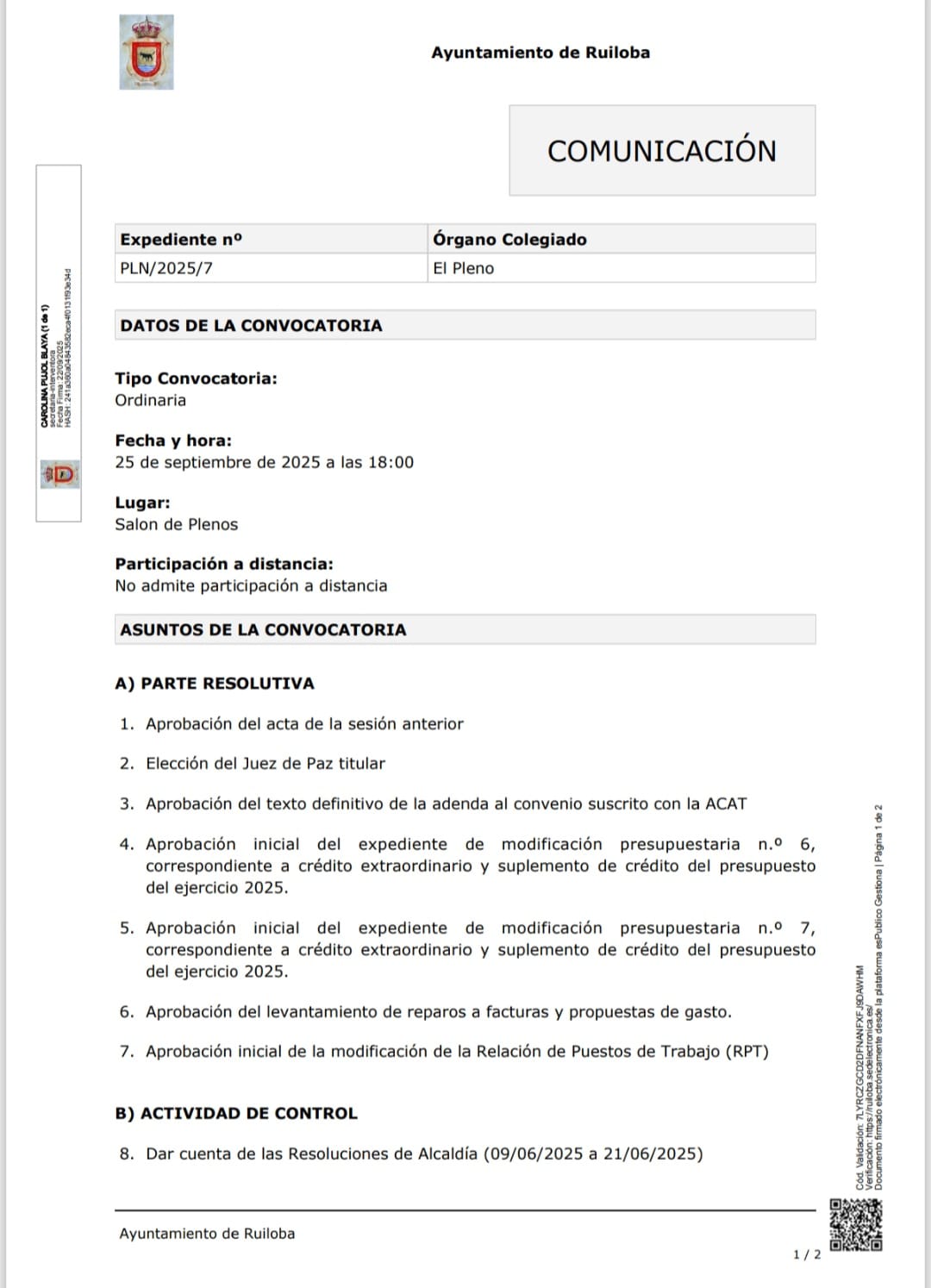 Anuncio Pleno 25 de septiembre